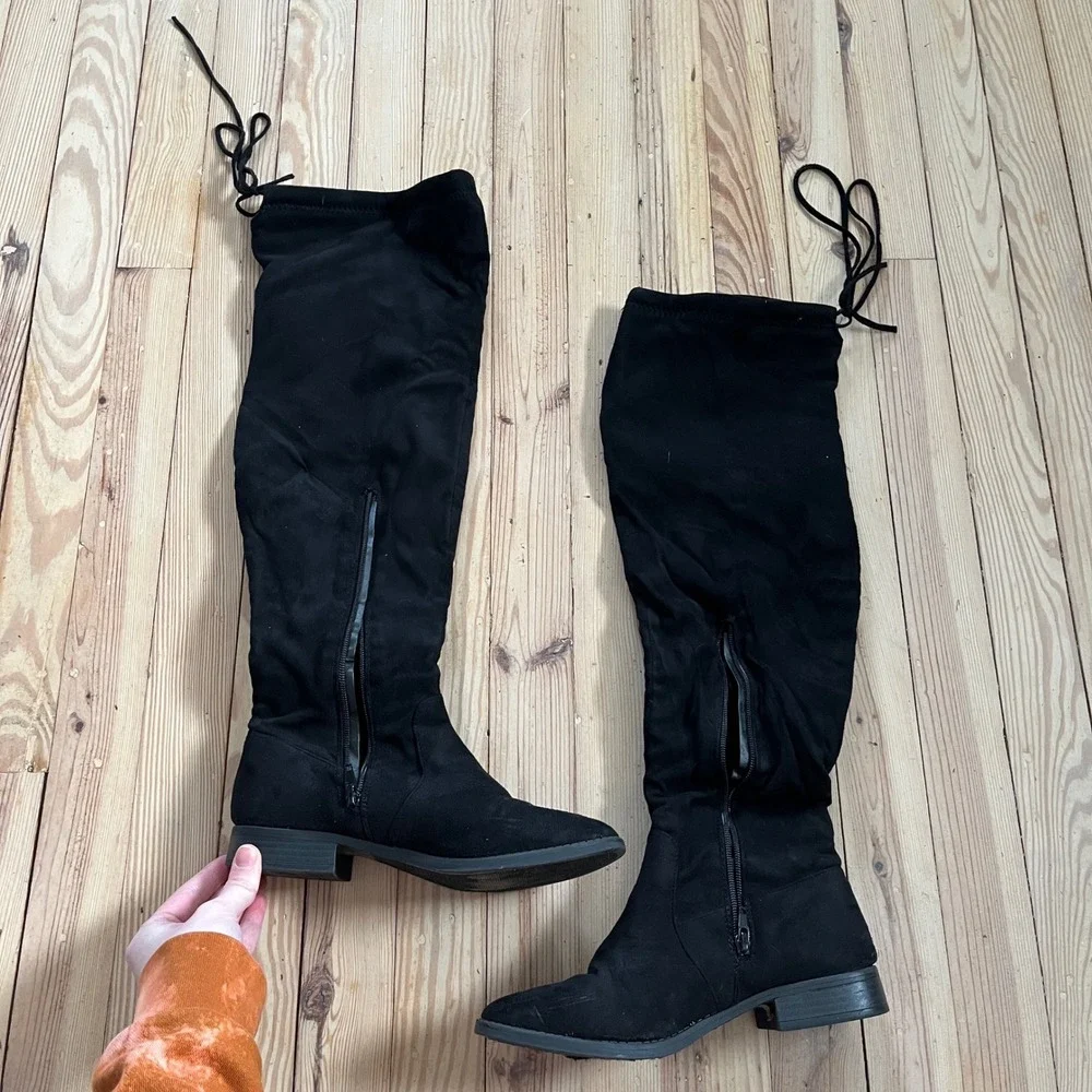 Charlotte Russe Black Suede Over The Knee Boots Tie Back‎ Flat Heel Size 8